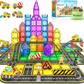 102 PCS Magnetic Tiles Construction Set – Road Tracks, Cars & Dolls – STEM Building Toys for Boys & Girls