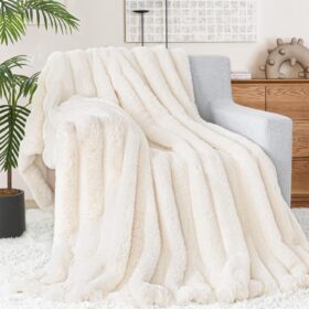 Touchat Luxury Faux Rabbit Fur Throw Blanket - Ultra Soft, Reversible Plush Fuzzy Bed Blanket for Couch, Sofa, & Bedding Decor - Cream White