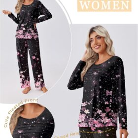 Ekouaer Women's Pajama Sets – Soft Pleated Lounge Tops & Long Pants Sleepwear – Fall Long Sleeve Loungewear for Ladies (S-XXL)