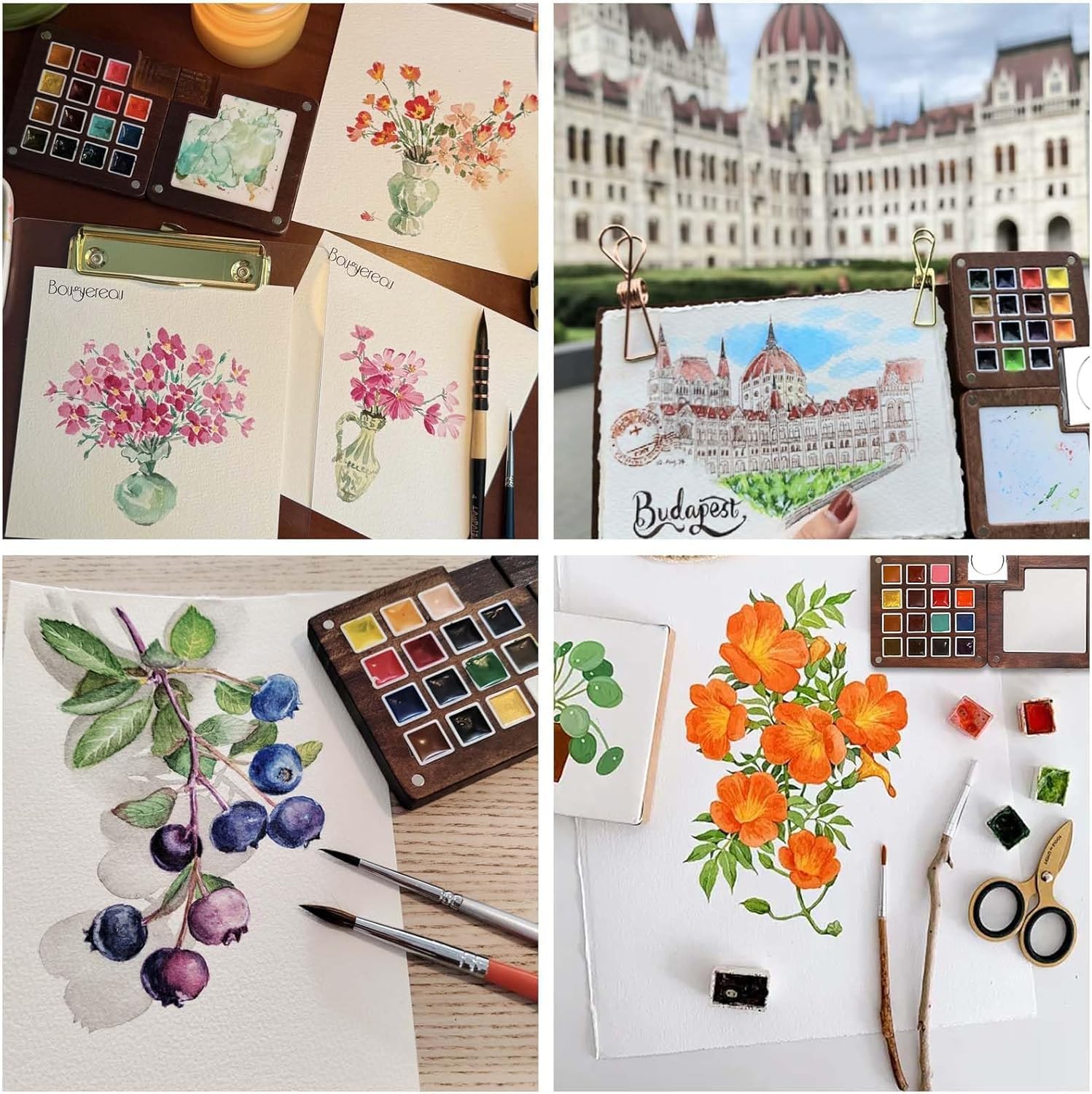 Walnut Wood Mini Watercolor Palette Travel Set – Portable 15-Color Pocket Paint Kit with Brush Pen & Magnet Clip for Artists & Students