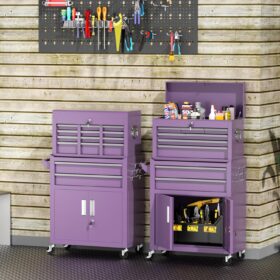 INTERGREAT 42-Inch Rolling Tool Chest with 8 Drawers – Detachable Top Box, Purple Heavy-Duty Steel Tool Cabinet with Liners, Side Hooks & Lockable Storage