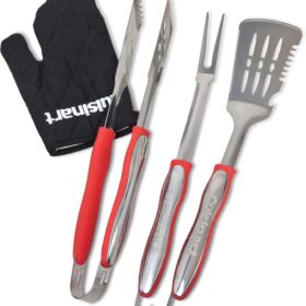 Cuisinart CGS-134 3-Piece Stainless Steel Grilling Tool Set with Heat-Resistant Grill Glove – Red