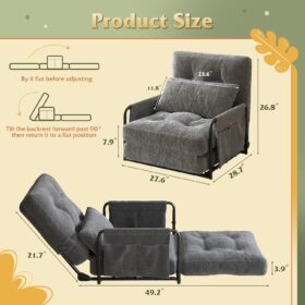 WLIVE Convertible Floor Sofa Bed – Grey Bean Armchair with Adjustable Backrest and Pillows for Living Room and Bedroom