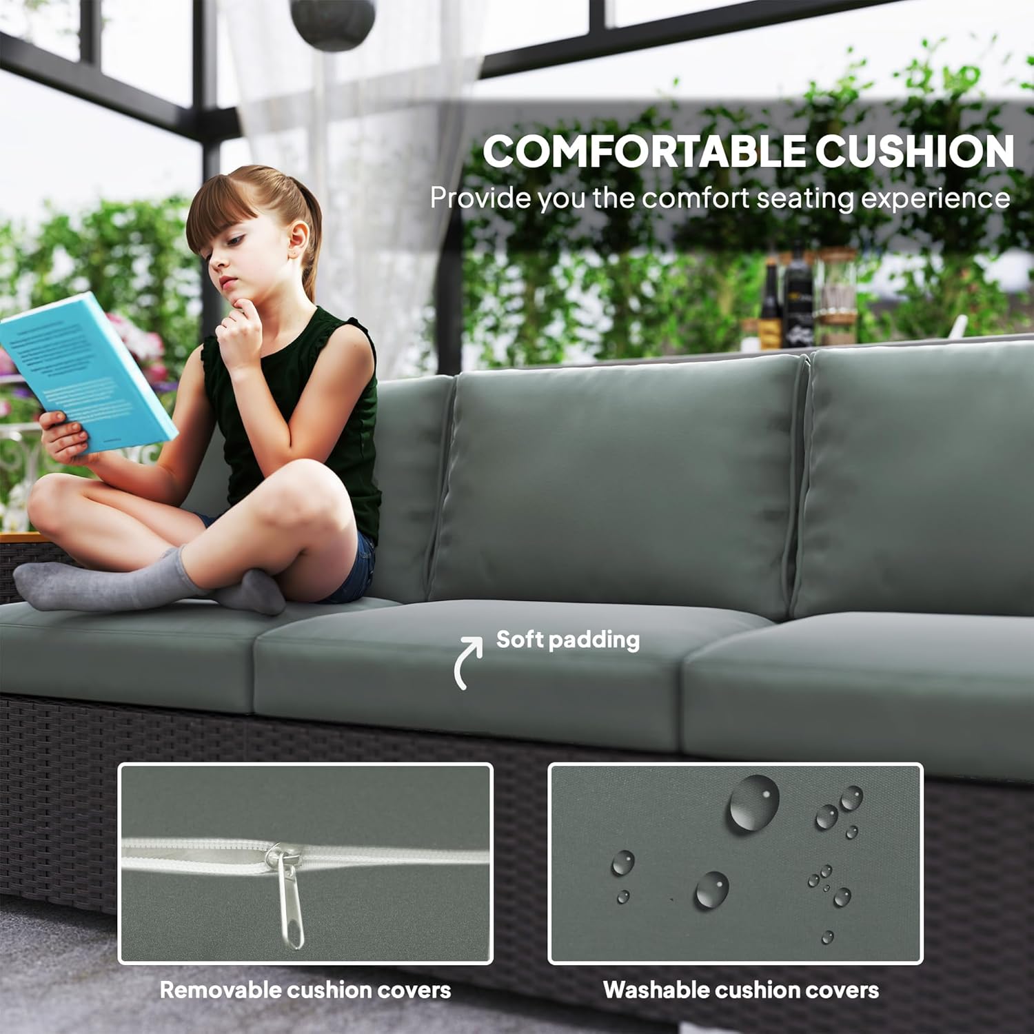 Outsunny 3-Person Outdoor Patio Sofa – Dark Gray PE Wicker Couch with 24.5" Deep Seats, Wide Armrests, and 4" Cushions