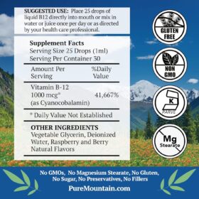 Pure Mountain Botanicals Vitamin B12 Liquid Drops – 1000mcg Methylcobalamin, Natural Berry Flavor, Vegan, Kosher & Gluten Free – 2 Fl Oz