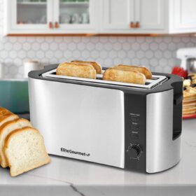 Elite Gourmet ECT-3100 Stainless Steel Long Slot 4 Slice Toaster with High-Lift Lever, Warming Rack & Wide Slots