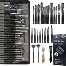 Professional Paint Brushes Set of 25 for Acrylic, Oil & Watercolor – Premium Synthetic Bristle Artist Kit with Portable Canvas Roll
