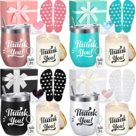 Tioncy 24-Piece Thank You Spa Gift Baskets for Women – Valentine’s, Teacher, Nurse & Employee Appreciation Sets with Mugs, Candles, Socks & Keychains (4-Pack)