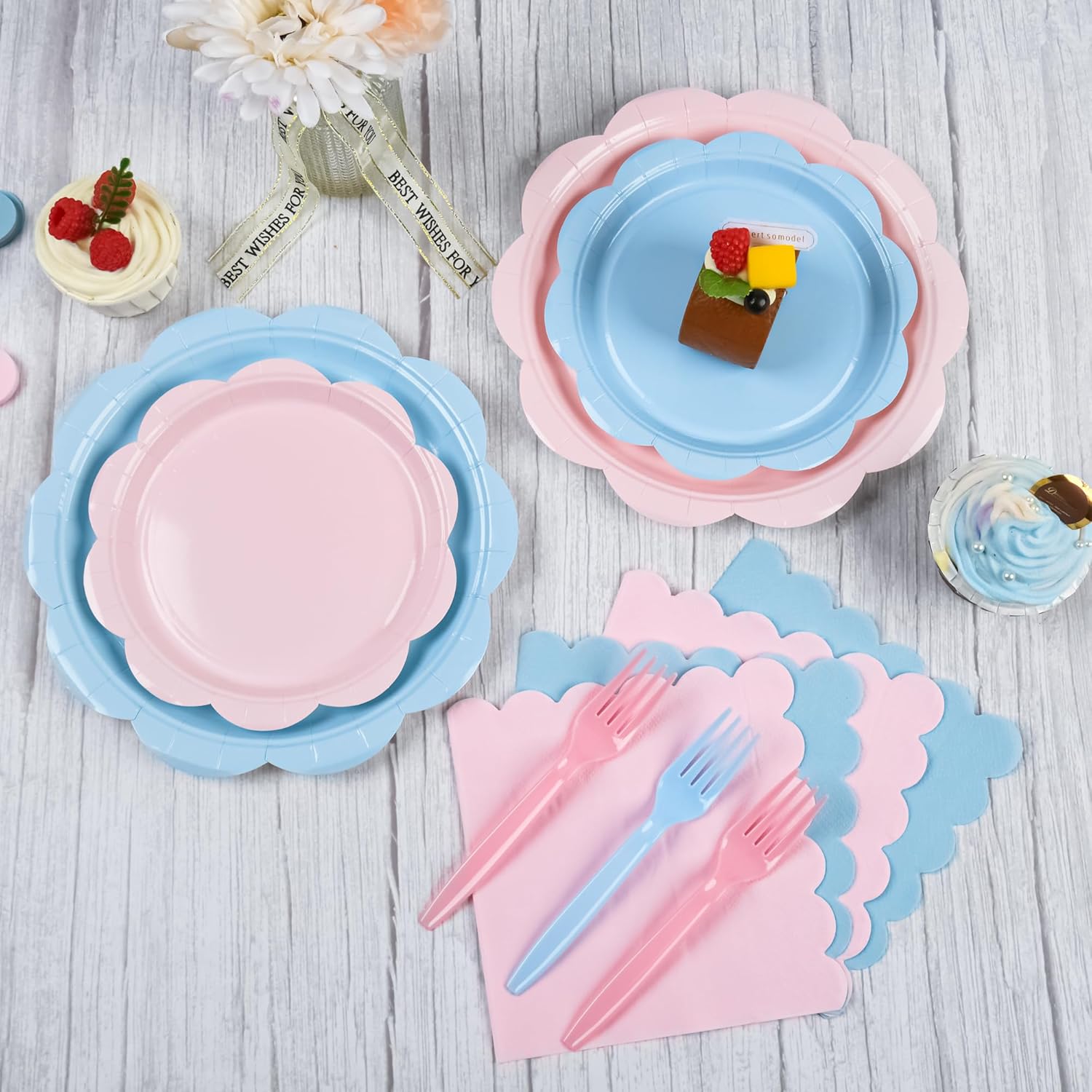 96-Piece Baby Gender Reveal Party Supplies Set – Pink & Blue Scalloped Plates, Napkins & Forks for 24 Guests