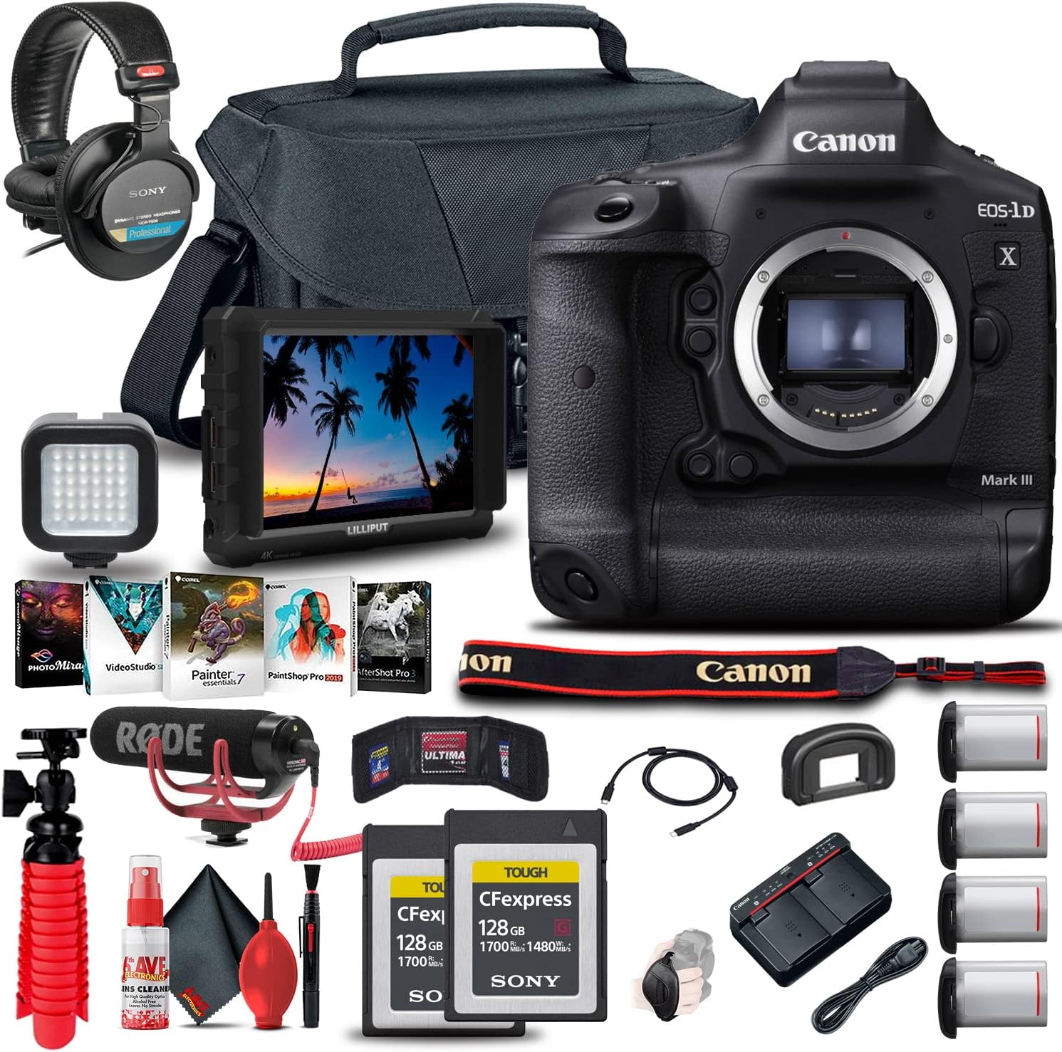 Canon EOS-1D X Mark III Professional DSLR Camera Bundle (Renewed) - Body Only with 4K Monitor, Dual CFexpress Cards, Pro Audio Kit, 3 Batteries, Lighting & Case