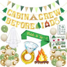 Glamping Bachelorette Party Decorations Kit - 45 Pc Gold Green Camping Theme Supplies with Banner, Bride Balloons, Sash, Veil & Photo Booth Props