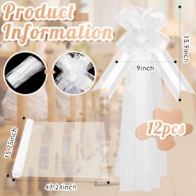 12-Pack Premium Large Tulle Pew Bows with Long Flowing Tails - White Wedding Aisle Chair Decorations, Event & Car Accessories