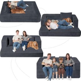 Dark Grey Faux Fur Convertible Bean Bag Sofa – 3-in-1 Folding Floor Couch with Pillows for Adults