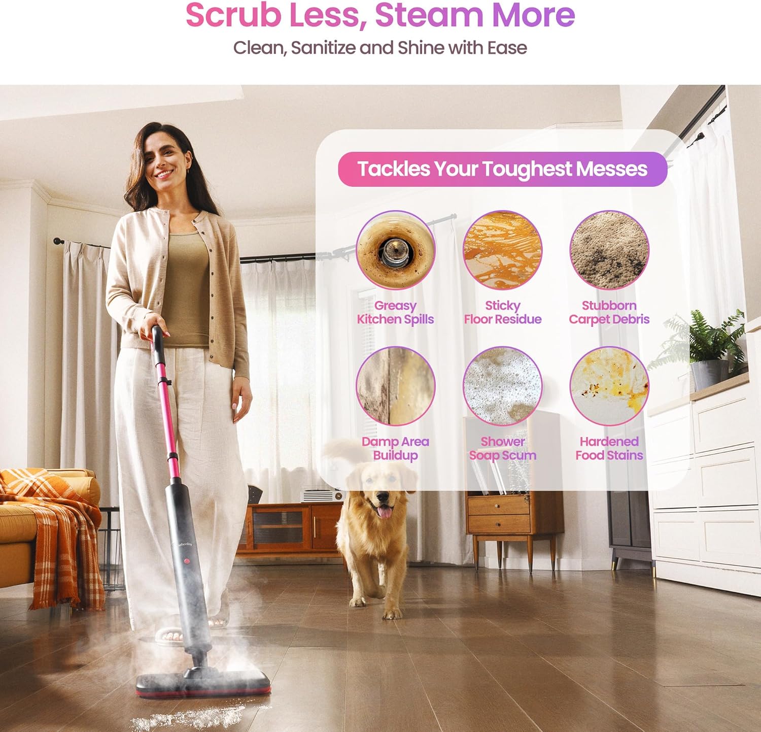 Schenley Pink Steam Mop - 15s Heat Up, Lightweight Hardwood & Tile Floor Steamer with Washable Pads, Carpet Glider, 248°F Sanitizing