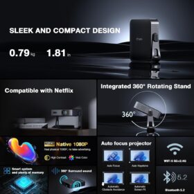 VOPLLS Smart Native 1080P Mini Projector with WiFi 6 & Bluetooth 5.2 | Portable 4K Home Theater, Auto Focus & Keystone, Officially Licensed Apps, Ceiling Mount Included