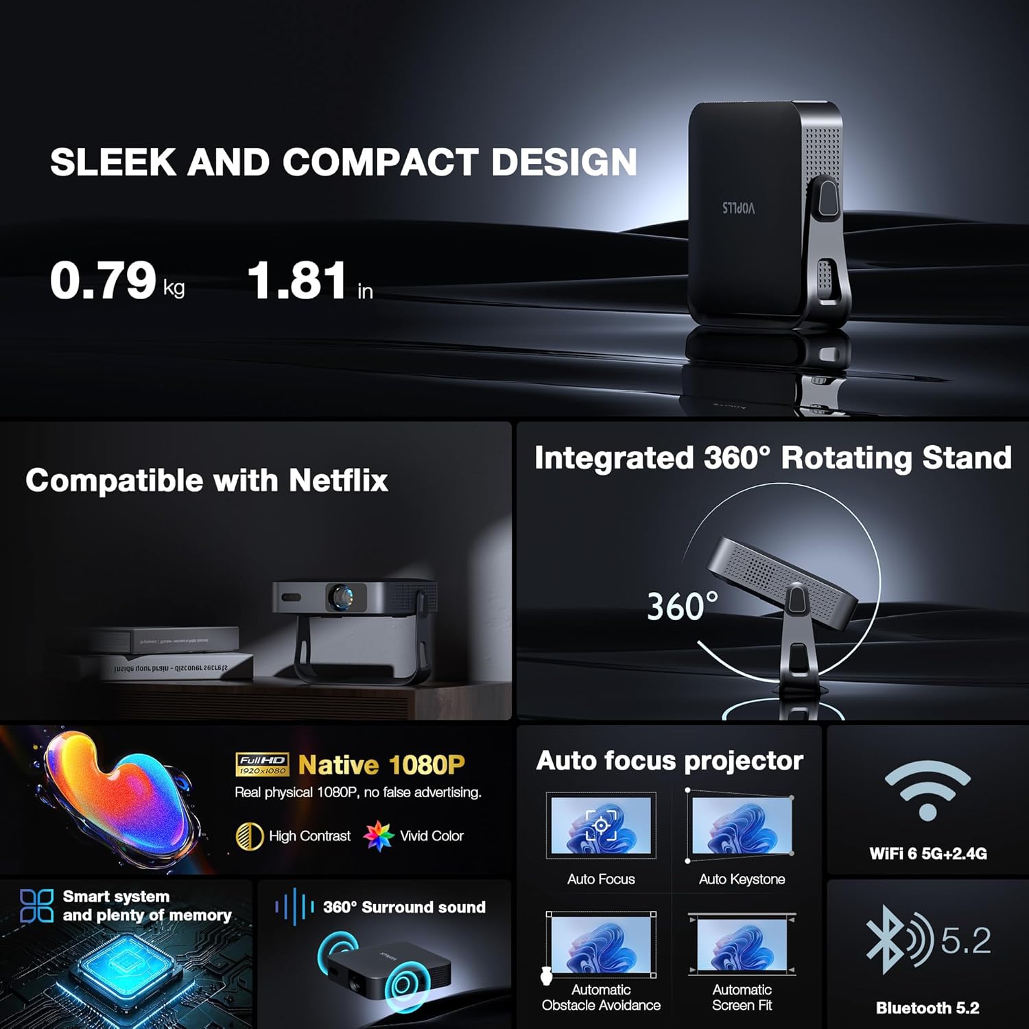 VOPLLS Smart Native 1080P Mini Projector with WiFi 6 & Bluetooth 5.2 | Portable 4K Home Theater, Auto Focus & Keystone, Officially Licensed Apps, Ceiling Mount Included