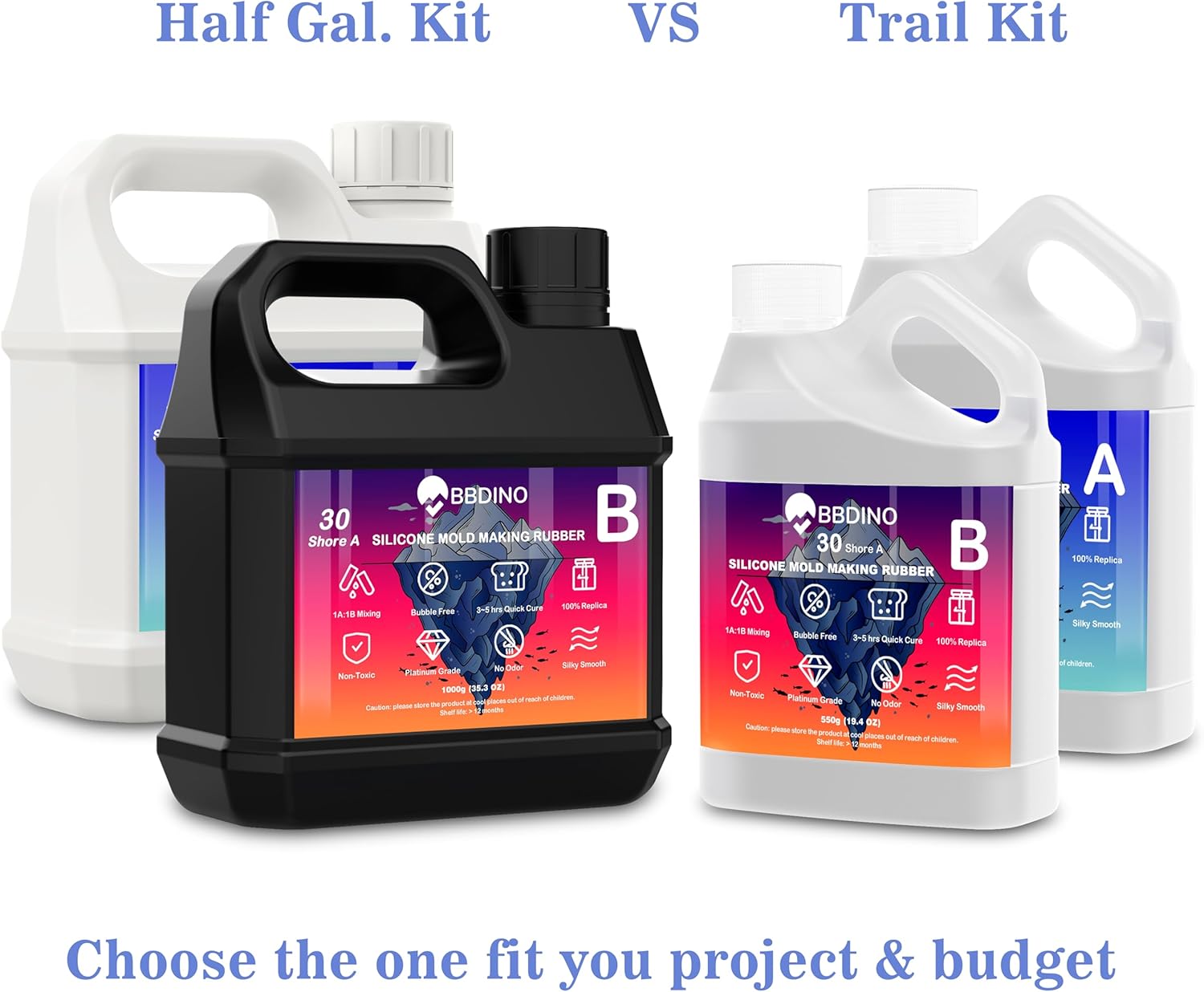 BBDINO 38.8 Oz Platinum Silicone Mold Making Kit – 1:1 Mix Ratio 30A Liquid Rubber for Resin, Concrete, Jewelry & Candle Casting