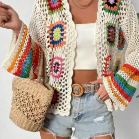 Women's Boho Floral Crochet Cardigan - Open Front Hollow Out Knit Shrug Sweater Cover-Up