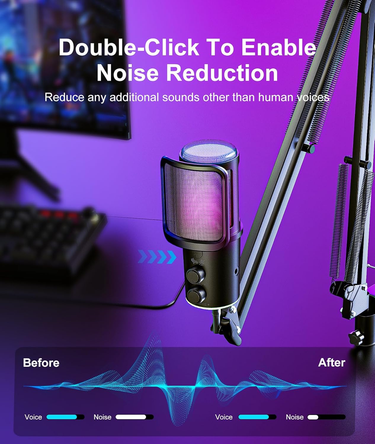 Gaming USB Microphone with Boom Arm, RGB Condenser PC Mic with Noise Cancellation, Mute Button & Pop Filter for Streaming, Podcasting, PS4/PS5 & Discord