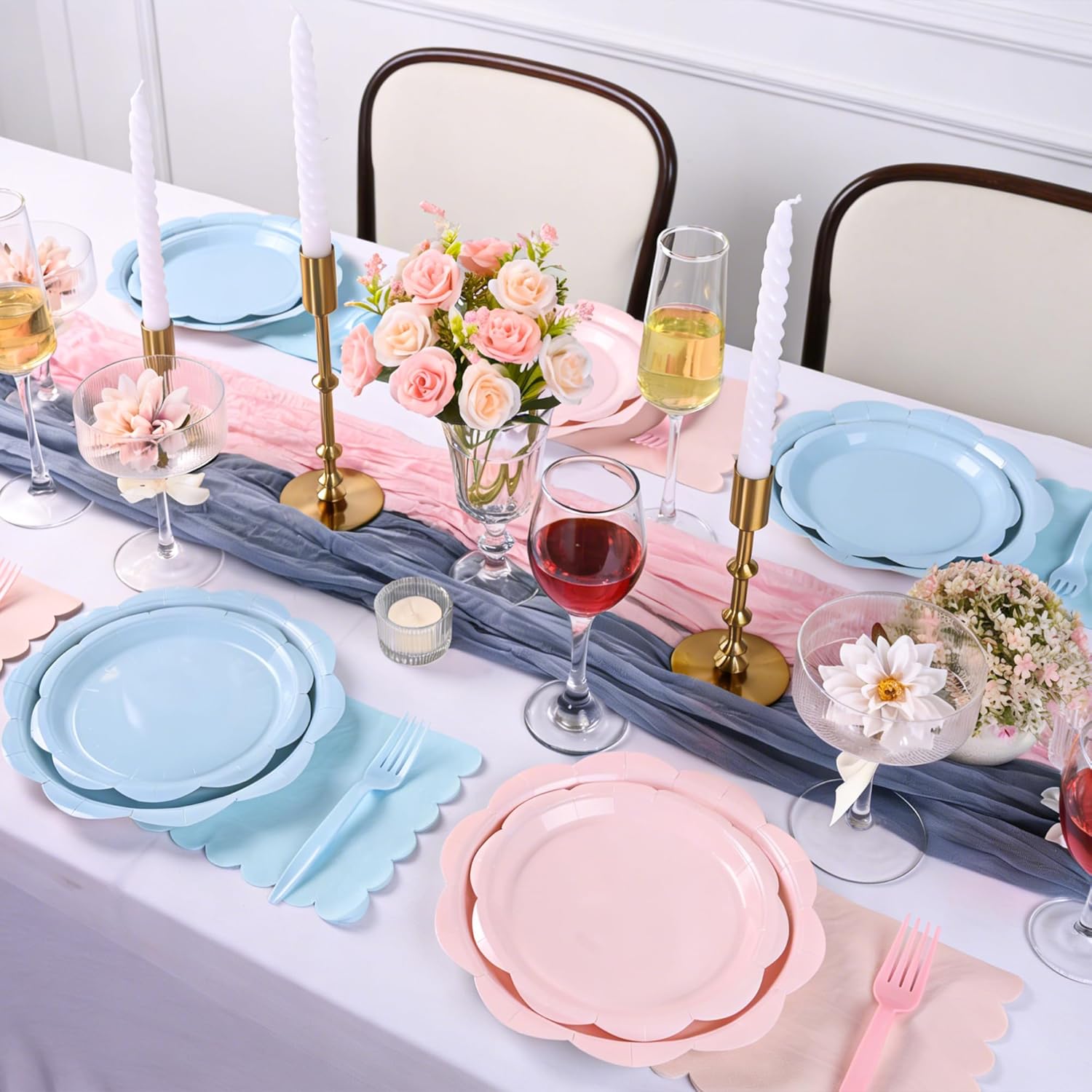 96-Piece Baby Gender Reveal Party Supplies Set – Pink & Blue Scalloped Plates, Napkins & Forks for 24 Guests