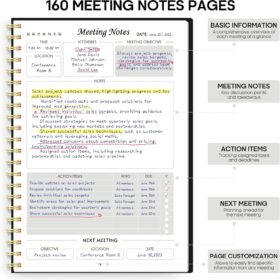 Taja Meeting Notebook – 160-Page Professional Project Planner & Agenda Organizer with Action Items, 6.9" x 9.9" Black Hardcover