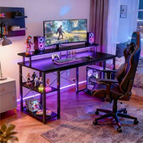 ODK 48-Inch Gaming Desk with LED Lights & Power Outlets – E1 Grade Workstation with Monitor Shelf, CPU Stand, and Hook, Modern Home Office Computer Table (Black)