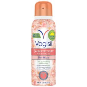 Vagisil Scentsitive Scents Feminine Dry Wash Deodorant Spray - Paraben Free, Gynecologist Tested Intimate Freshening Mist, Peach Blossom, 2.6 Oz