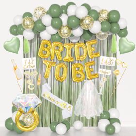 Amandir Sage Green Bachelorette Party Decorations Kit – 86 Piece Bridal Shower Set with Gold Confetti Balloons, Bride Sash, Veil & Photo Booth Props