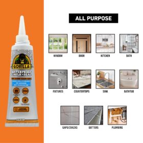 Gorilla 100% Silicone Sealant – 2.8oz Waterproof Caulk, 10-Year Mold & Mildew Resistant, Kitchen & Bath, Clear (Pack of 1)