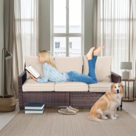 AstrPthylx 3-Seater Deep Seat Outdoor Sofa Set – All-Weather PE Rattan Patio Couch with Water-Resistant Cushions & High-Back Design for Garden, Lawn & Deck (Beige)