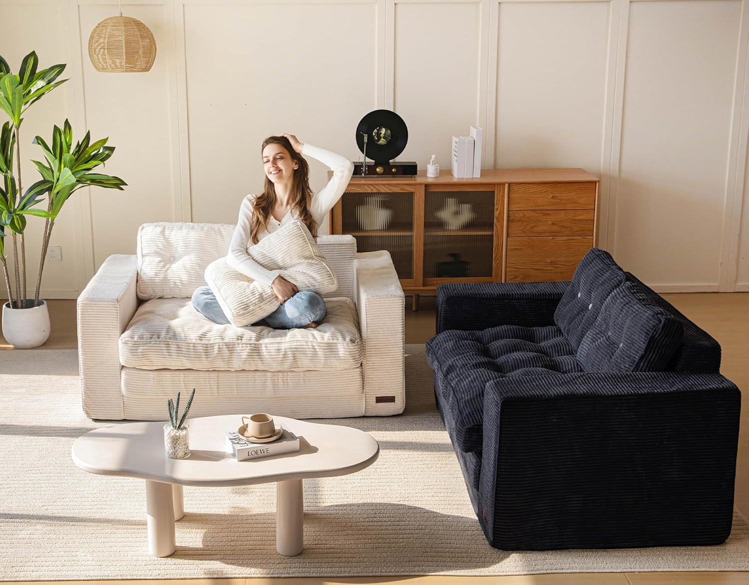 MAXYOYO Folding Floor Sofa Bed - 2-in-1 Convertible Sleeper Couch with Pillows, Tufted Corded Fabric Pull-Out Lounger for Living Room & Guest Bedroom (Black)