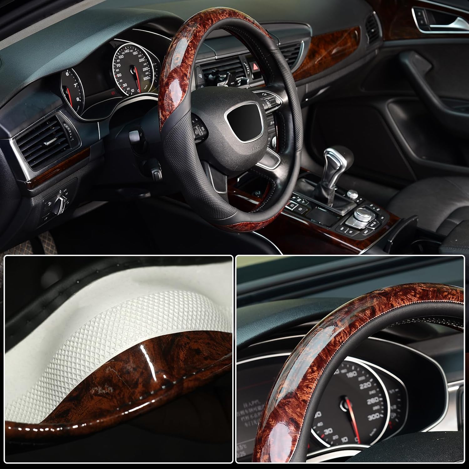 KAFEEK Microfiber Leather Steering Wheel Cover – Anti-Slip, Odorless Wood Grain Design for Universal 15-Inch Wheels
