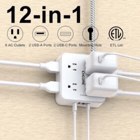 CHCORE Surge Protector Power Strip – 8 Outlets & 4 USB Ports (2 USB-C) with 5ft Braided Cord, Flat Plug & 900J Protection – ETL Listed White Charging Station