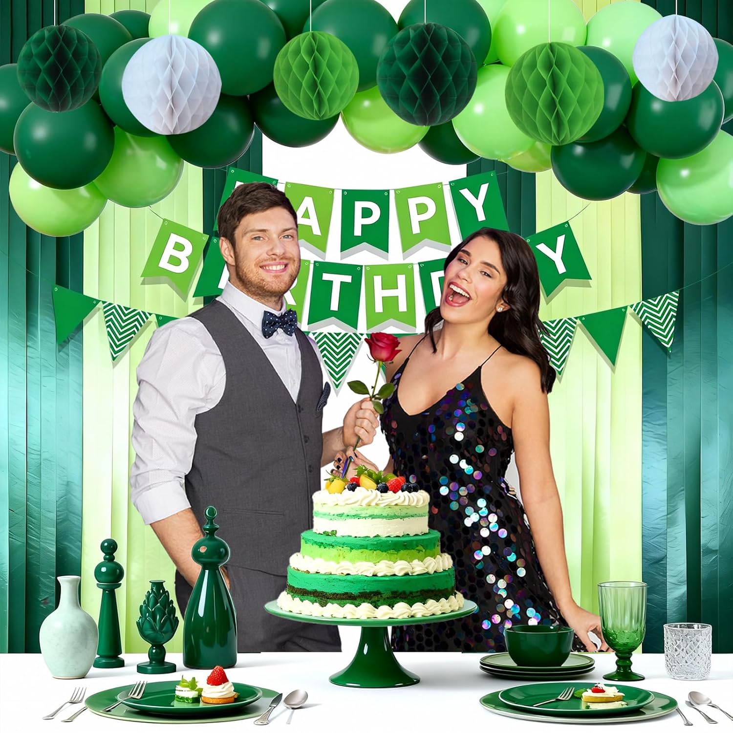 Green Birthday Party Decoration Kit - 32 Pcs Includes Happy Birthday Banner, 2 Streamer Rolls, Honeycomb Balls & Balloons for Boys, Girls, Men & Women