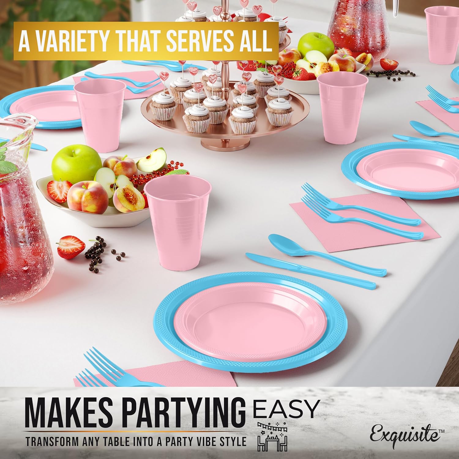 350-Piece Gender Reveal Party Supplies Kit - Complete Disposable Dinnerware Set with Dinner & Dessert Plates, Cups, Napkins & Cutlery for Baby Showers