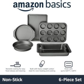 Amazon Basics 6-Piece Nonstick Carbon Steel Bakeware Set – Oven Safe Baking pans for Cakes, Muffins, Cookies & Loaves