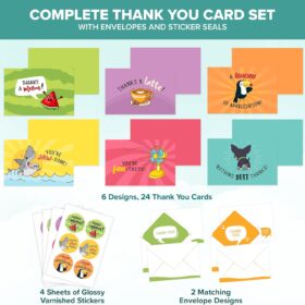 Decorably 24-Pack Funny Kids Thank You Cards with Envelopes & Stickers – 6 Hilarious Designs, 6x4in Bulk Stationery Set for Boys & Girls Birthday Parties, School, & Gifting