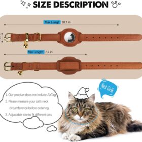 Genuine Leather AirTag Cat Collar with Bell – Secure Non-Breakaway GPS Tracker Holder for Kittens & Cats (Brown)