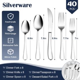 E-far 40-Piece Heavyweight Silverware Set - Durable Stainless Steel Flatware Cutlery Set for 8, Extra Thick Metal Utensils with Mirror Finish, Dishwasher Safe