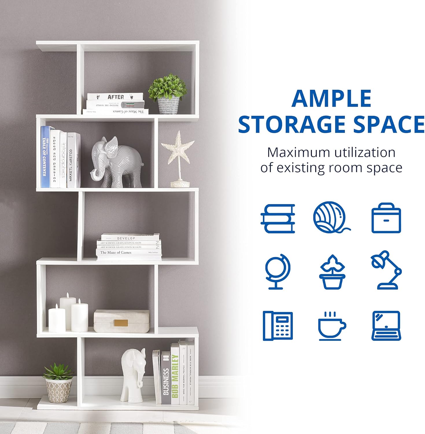 Cozy Castle Set of 2 S-Shaped Geometric Bookcases – 62 inch Tall Modern Bookshelf, 5-Tier Open Display Rack and Room Divider for Home Office, White