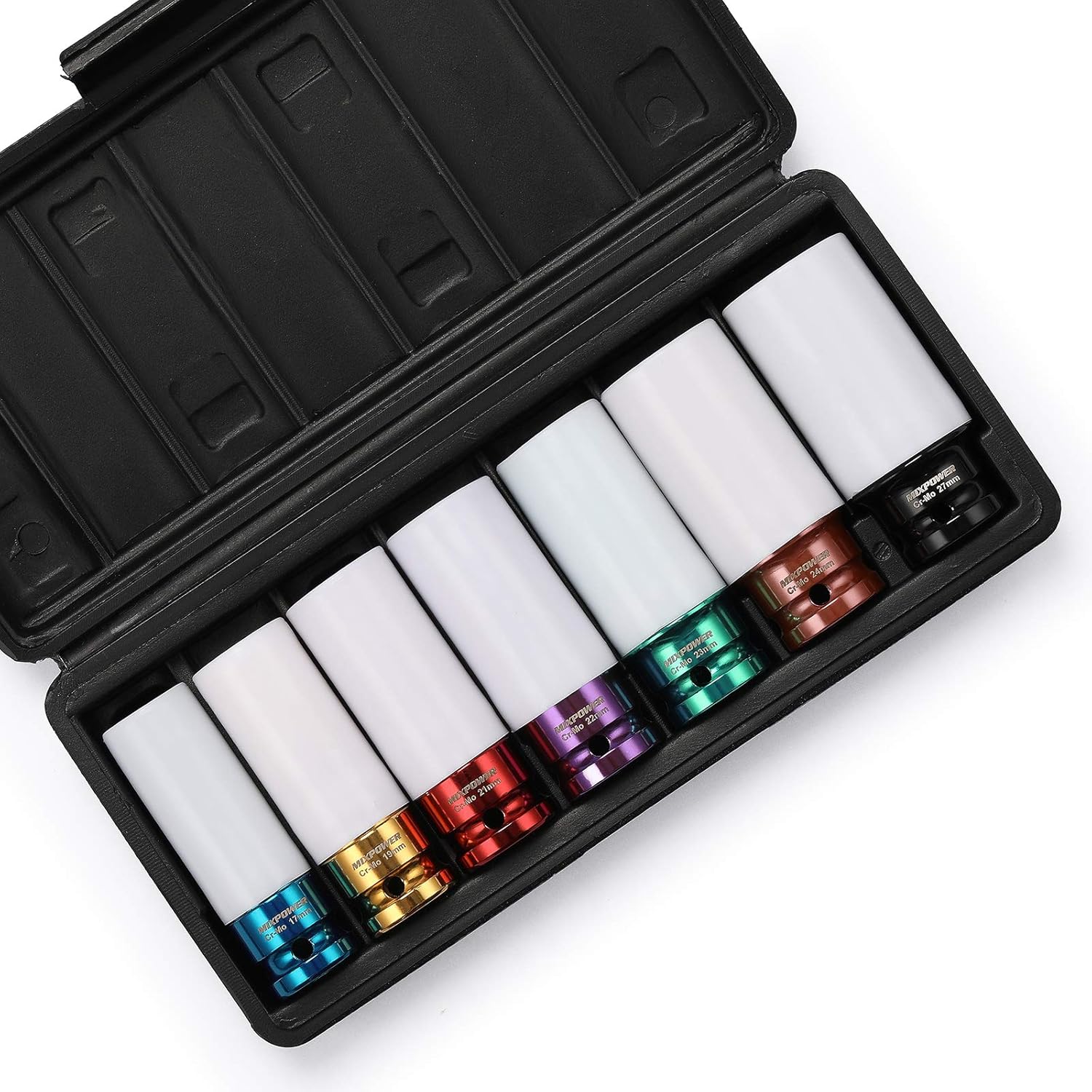 MIXPOWER 7-Piece 1/2" Drive Thin Wall Impact Socket Set – Color-Coded Wheel Rim Protector Sockets with Plastic Sleeves (17mm, 19mm, 21mm, 22mm, 23mm, 24mm, 27mm)