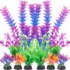 AQUANEAT 10-Piece Artificial Aquarium Plants Set – Soft Purple Plastic Fish Tank Decorations with Ceramic Bases – Safe for Fish, Easy to Clean (Assorted Sizes)