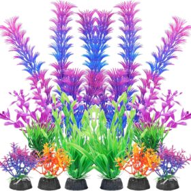 AQUANEAT 10-Piece Artificial Aquarium Plants Set – Soft Purple Plastic Fish Tank Decorations with Ceramic Bases – Safe for Fish, Easy to Clean (Assorted Sizes)
