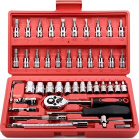 Egofine 46-Piece 1/4 Inch Drive Socket Set – Heavy Duty Chrome Vanadium Mechanic Tool Kit with Extension Bars & Blow Molded Case