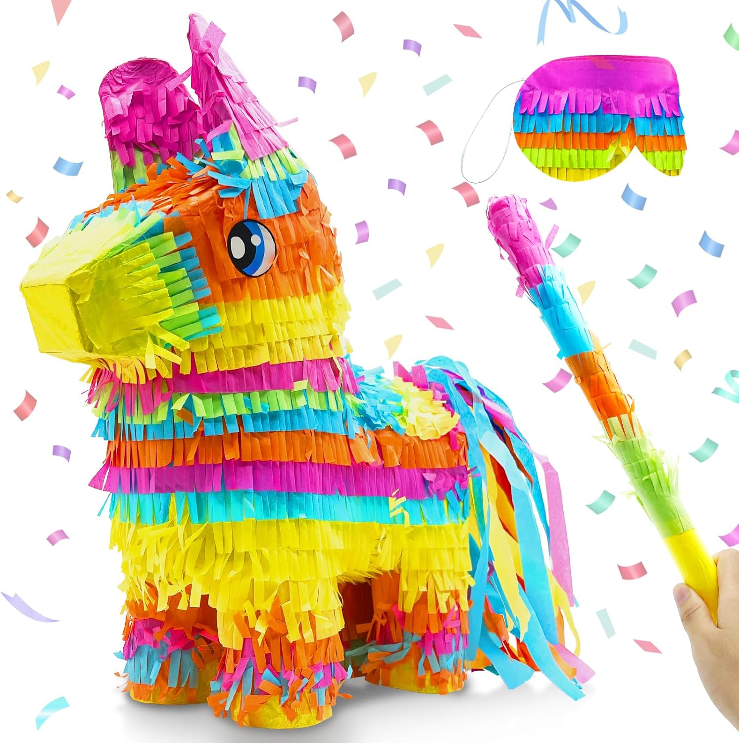16" Rainbow Donkey Piñata Set with Stick & Blindfold & 6 Mini Table Toppers - Fiesta & Taco Tuesday Party Decorations
