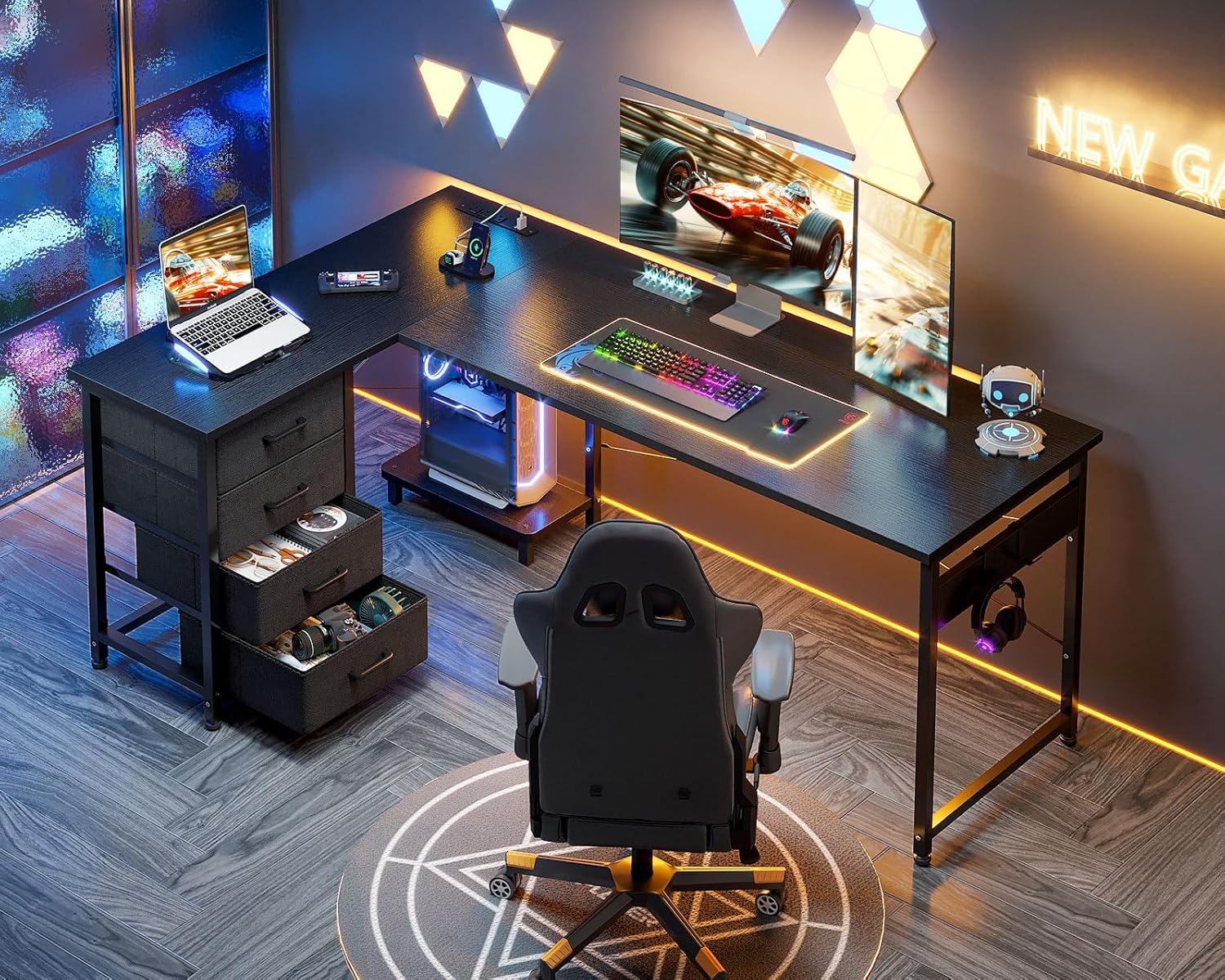 AODK L Shaped Gaming Desk with Power Outlets & USB Ports – 61" Reversible Corner Computer Desk with 4 Drawers & CPU Stand, Black Home Office Workstation