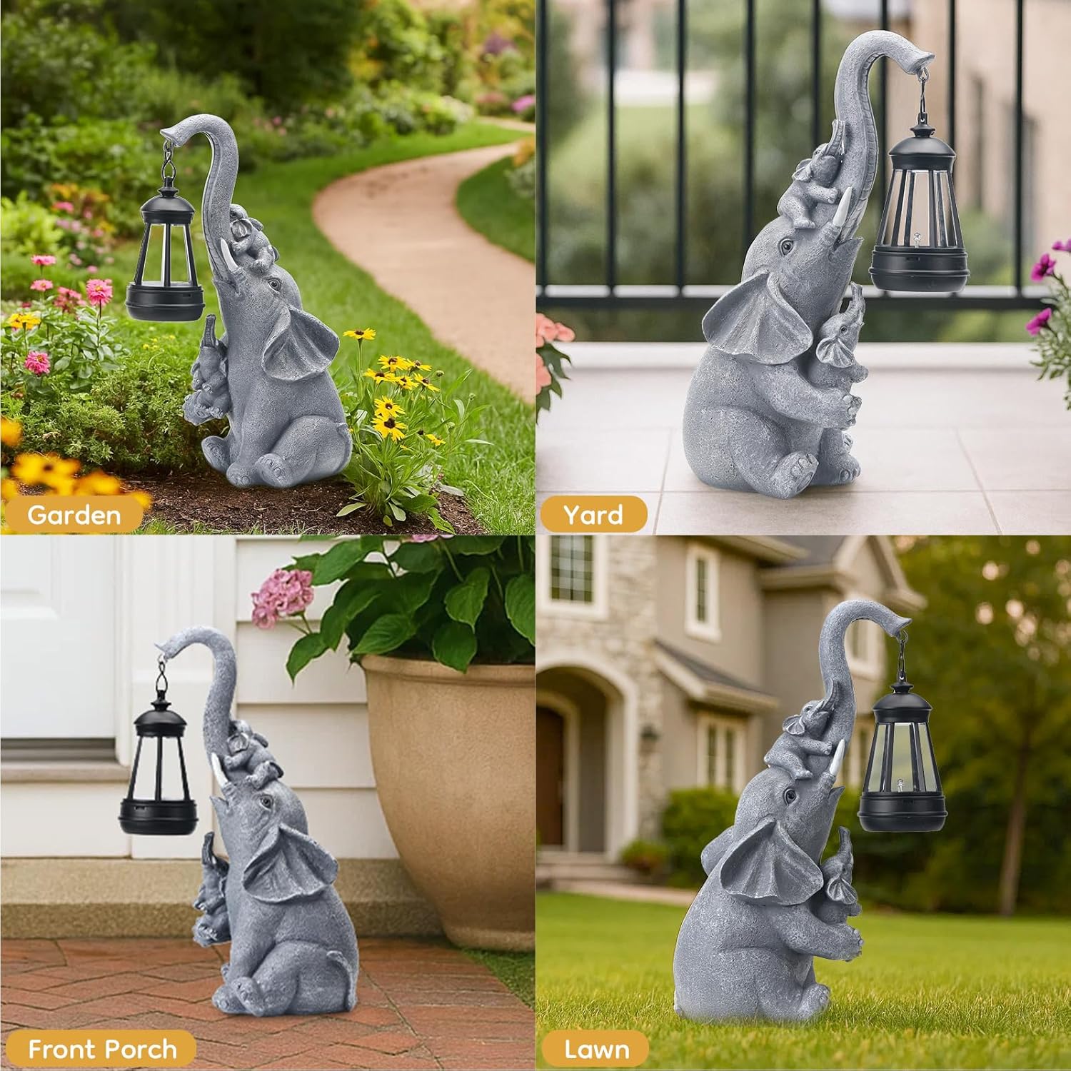 Solar Elephant Garden Statue - Family of 3 Resin Figurine with Warm LED Lantern, Waterproof Outdoor Yard Decor & Gift for Mom Gardeners
