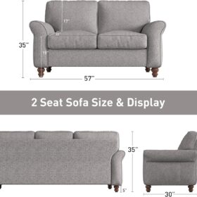 Bonzy Home 57" Modern Loveseat Sofa - Space-Saving 2-Seater Couch with Side Pockets, Sturdy Wood Legs & Comfortive Thick Cushions, Perfect for Small Apartments & Living Rooms (Grey)