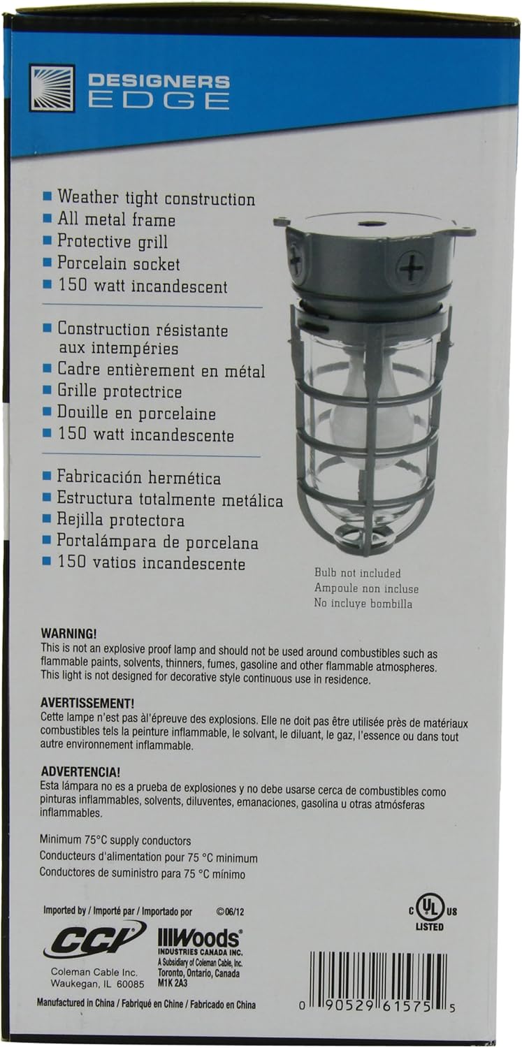 Designers Edge L1706 Vandal Resistant Security Light - Heavy Duty Industrial Cage Ceiling Mount with Tempered Glass Lens, Silver, 150W