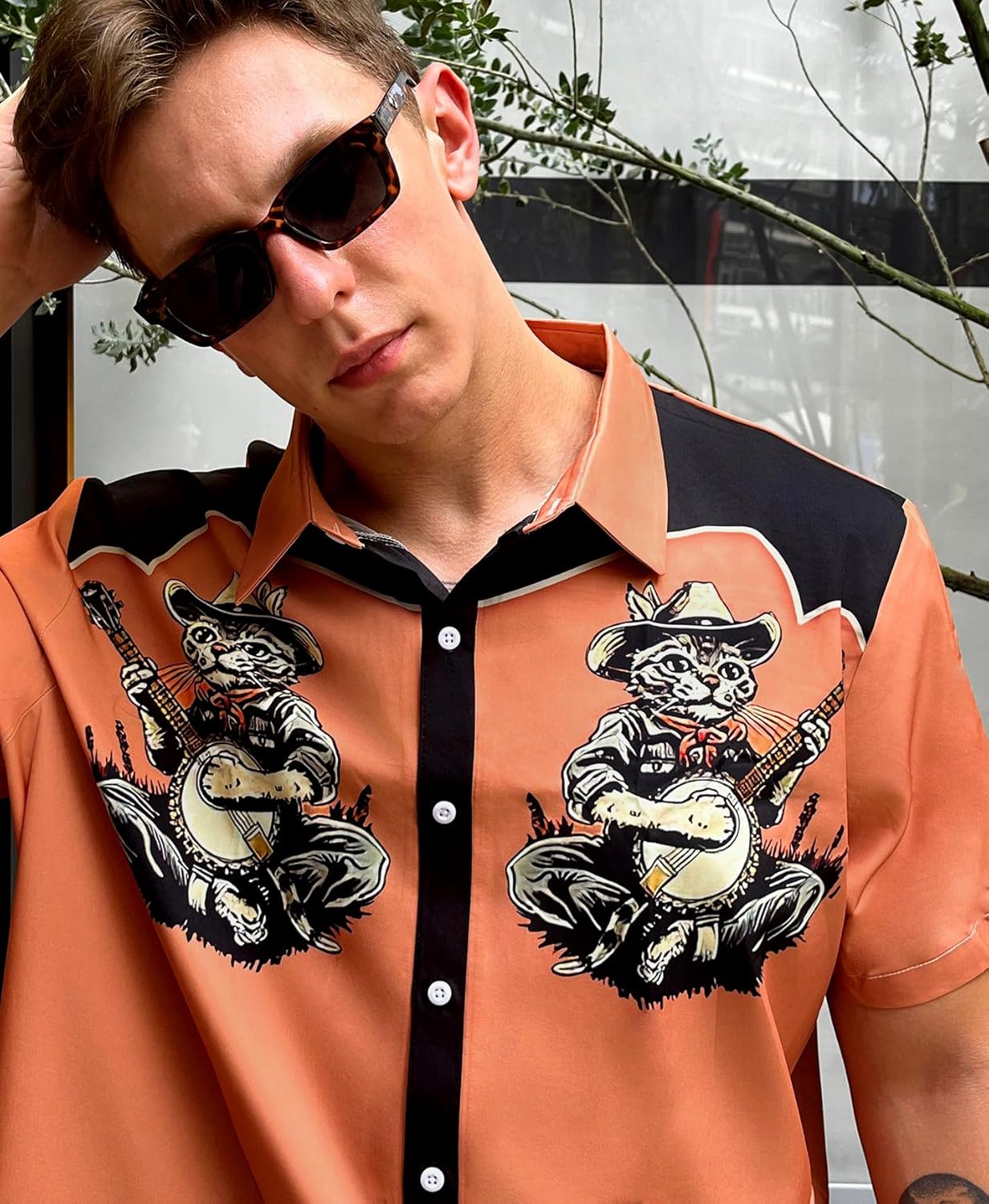 Men's Western Yoke Aloha Shirt - Mint Blue Tropical Palm & Cocktail Print Short Sleeve Button-Up